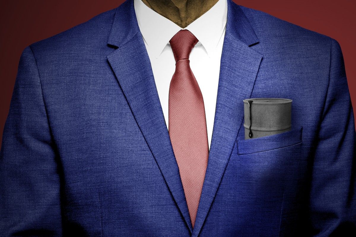 An oil barrel in a man's pocket.