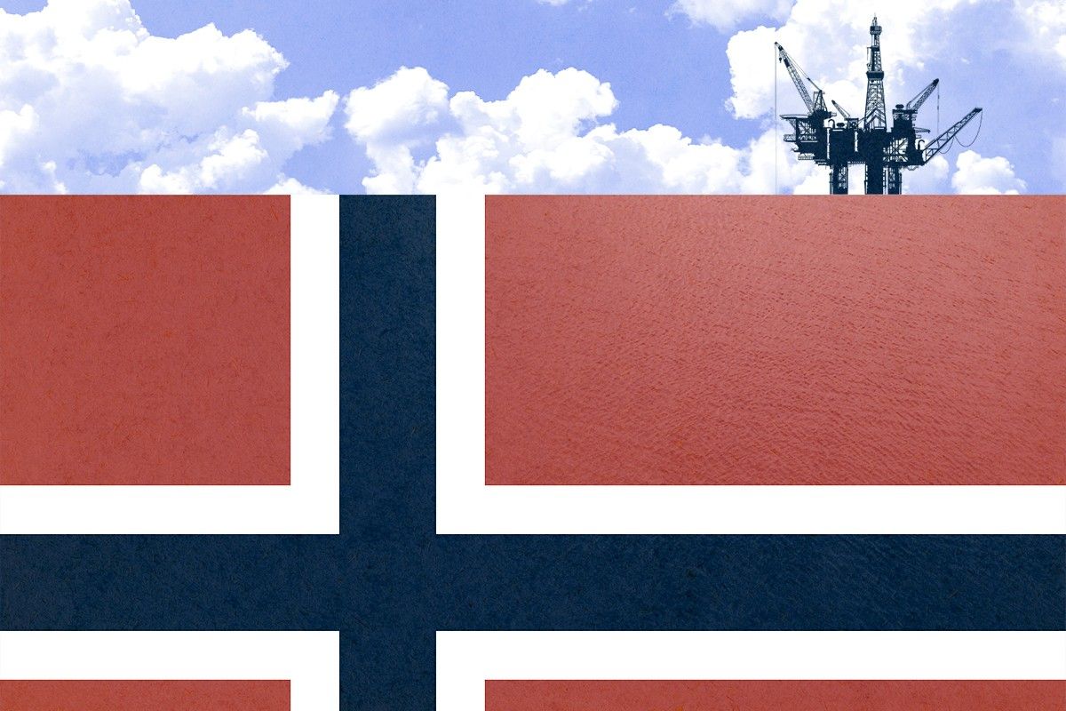 An offshore oil rig and a Norwegian flag.