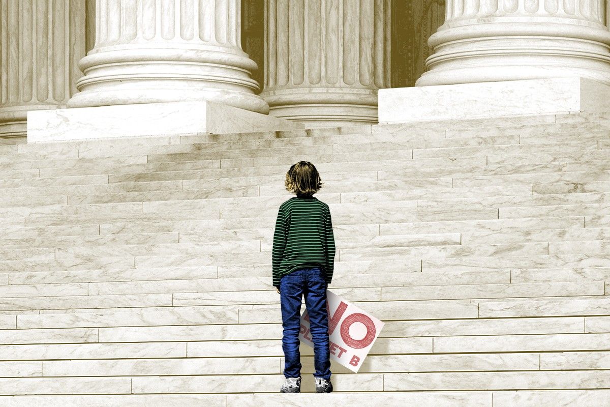 A child on courthouse steps.