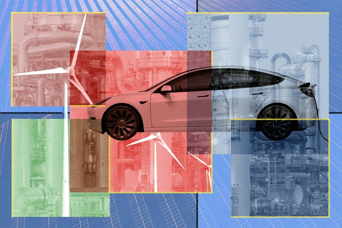 Renewables, a Tesla, and an oil refinery.