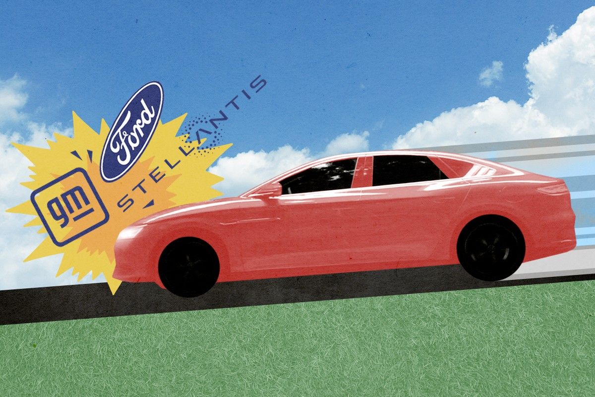 A BYD car ramming big three logos.