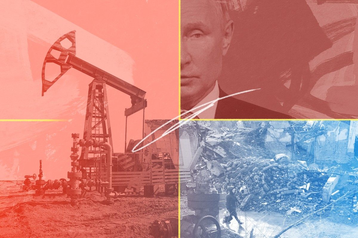 An oil derrick, Vladimir Putin, and Ukraine destruction.