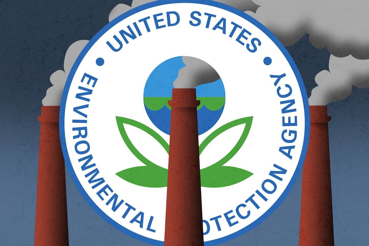 Smokestacks and the EPA logo.