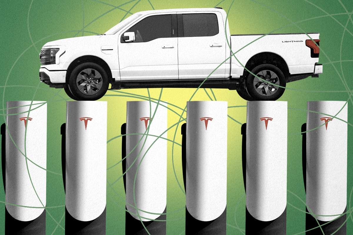 A Ford EV and Tesla chargers.