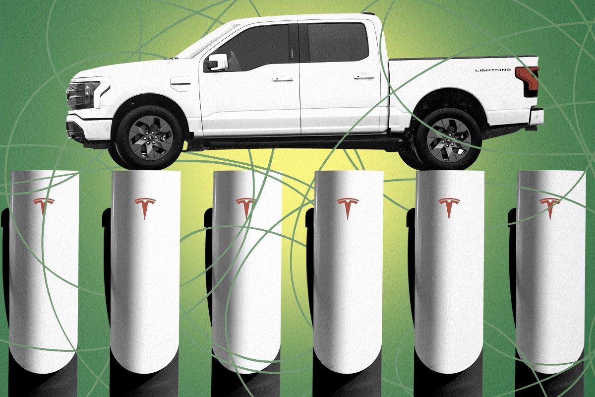 A Ford EV and Tesla chargers.