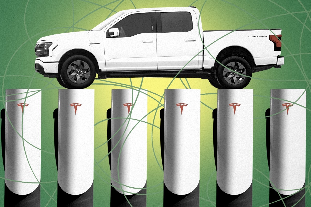 A Ford EV and Tesla chargers.