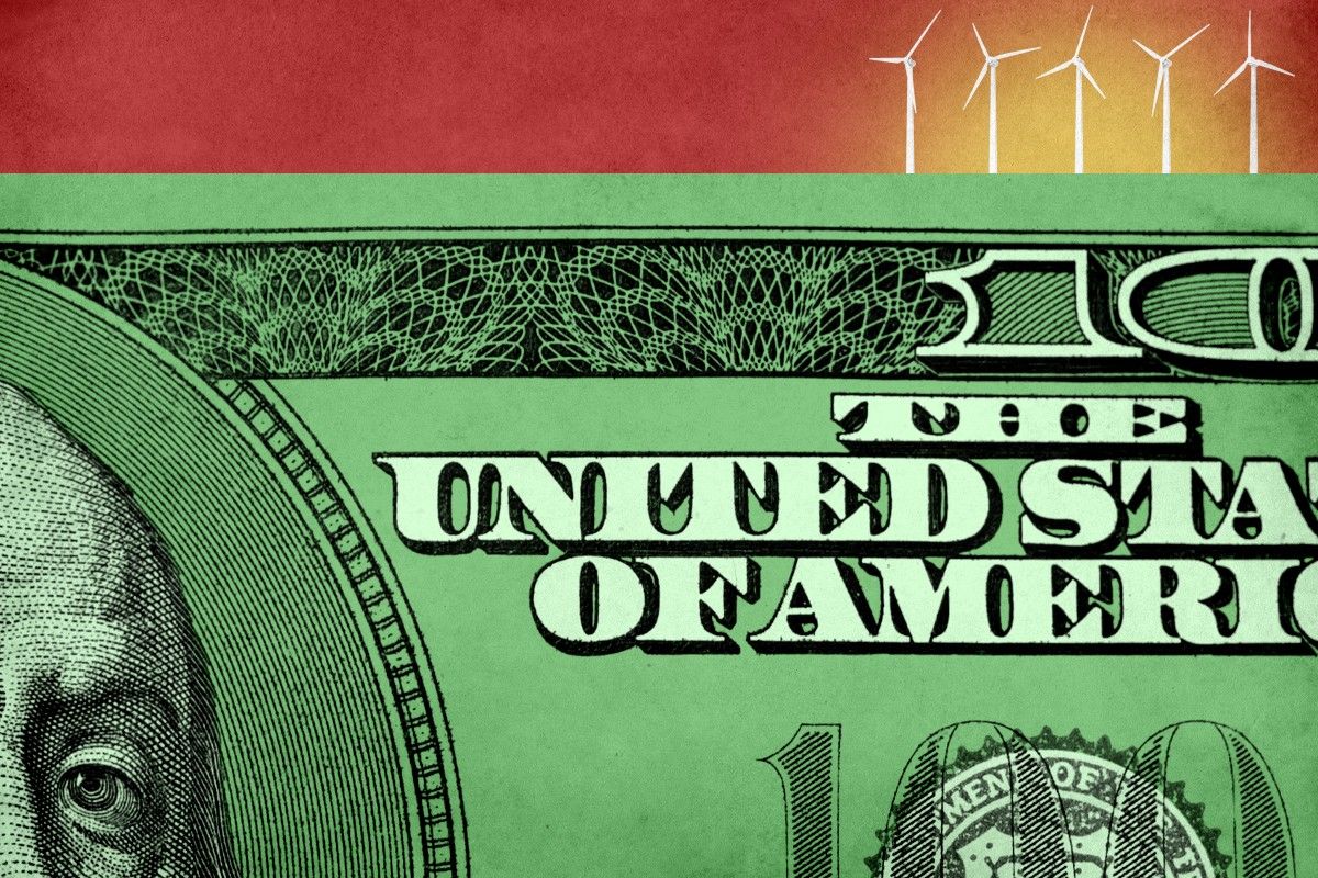 A hundred dollar bill and wind turbines.