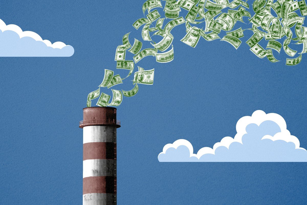 A smokestack spewing money.