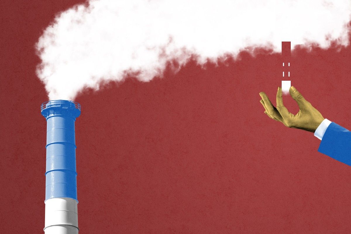 A smokestack with a little chunk taken out of its pollution.