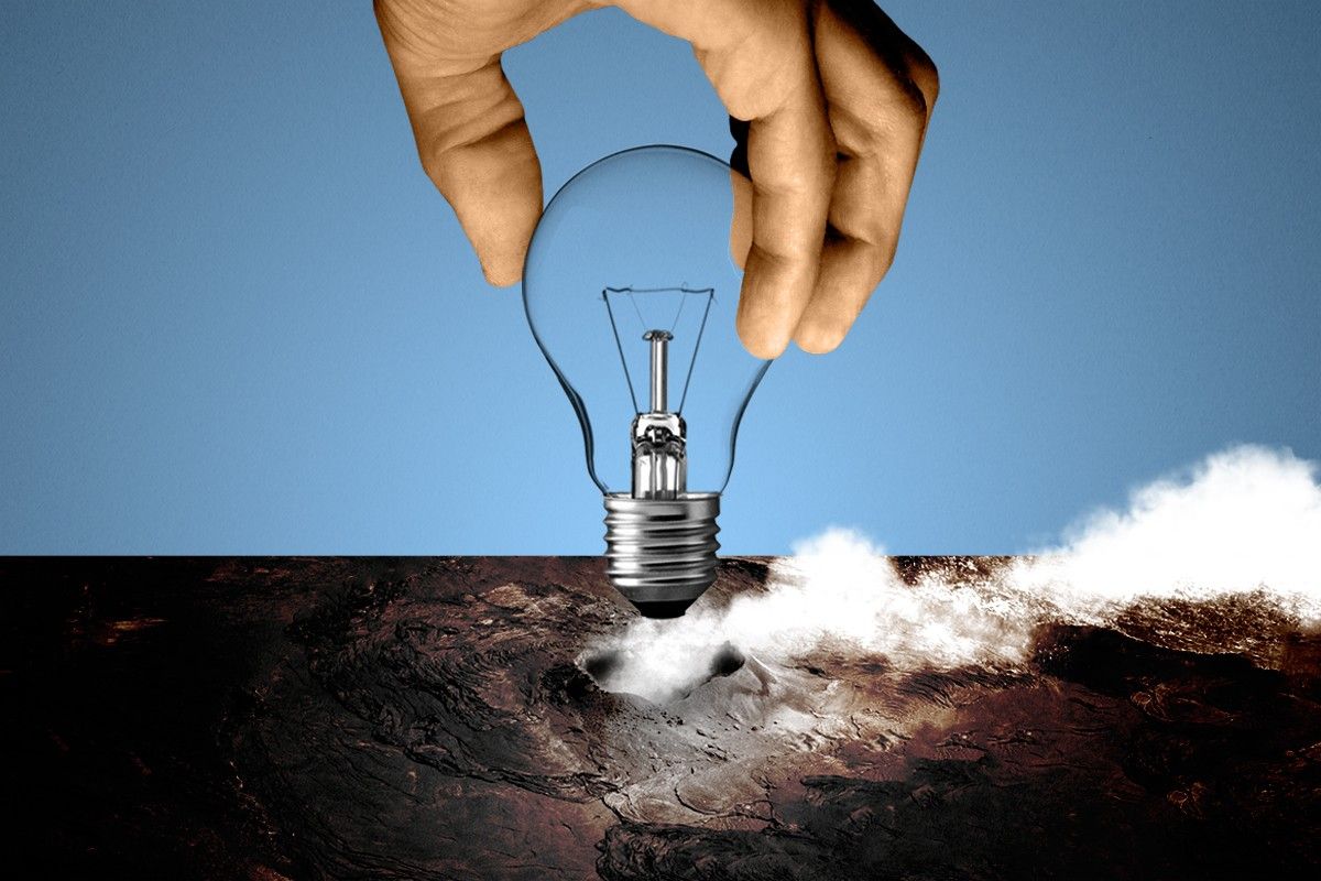 A light bulb and a volcano.