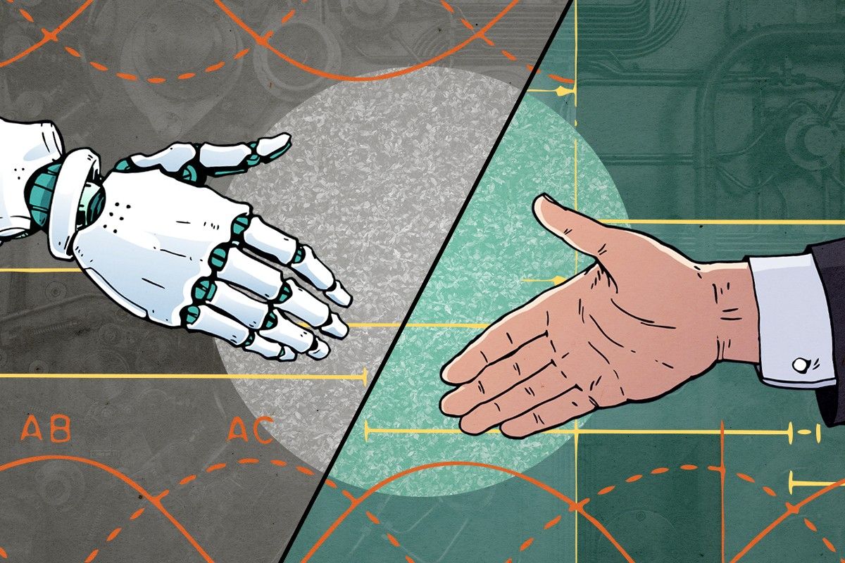 A robot hand shaking a human hand.