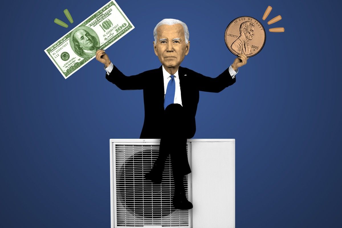President Biden sitting on a heat pump.