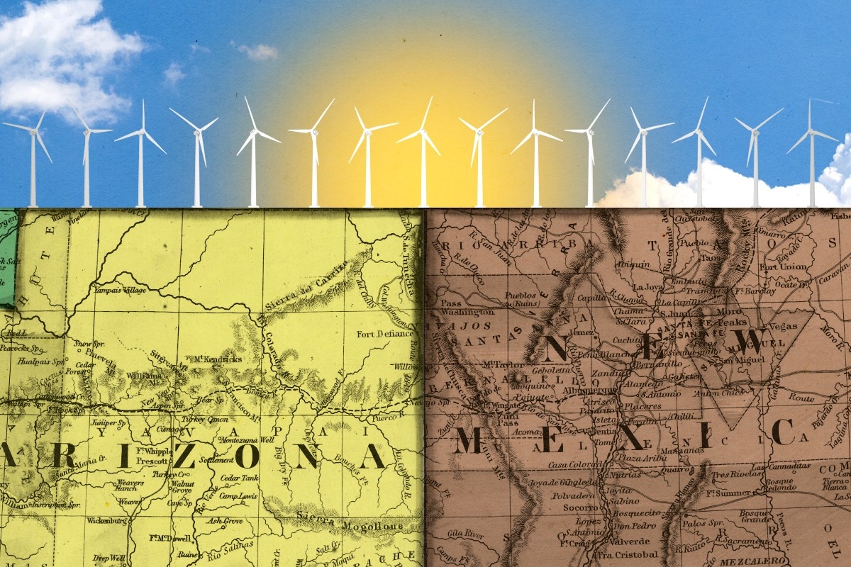 Arizona, New Mexico, and wind turbines.