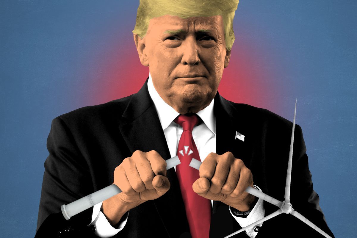 Donald Trump snapping a wind turbine.