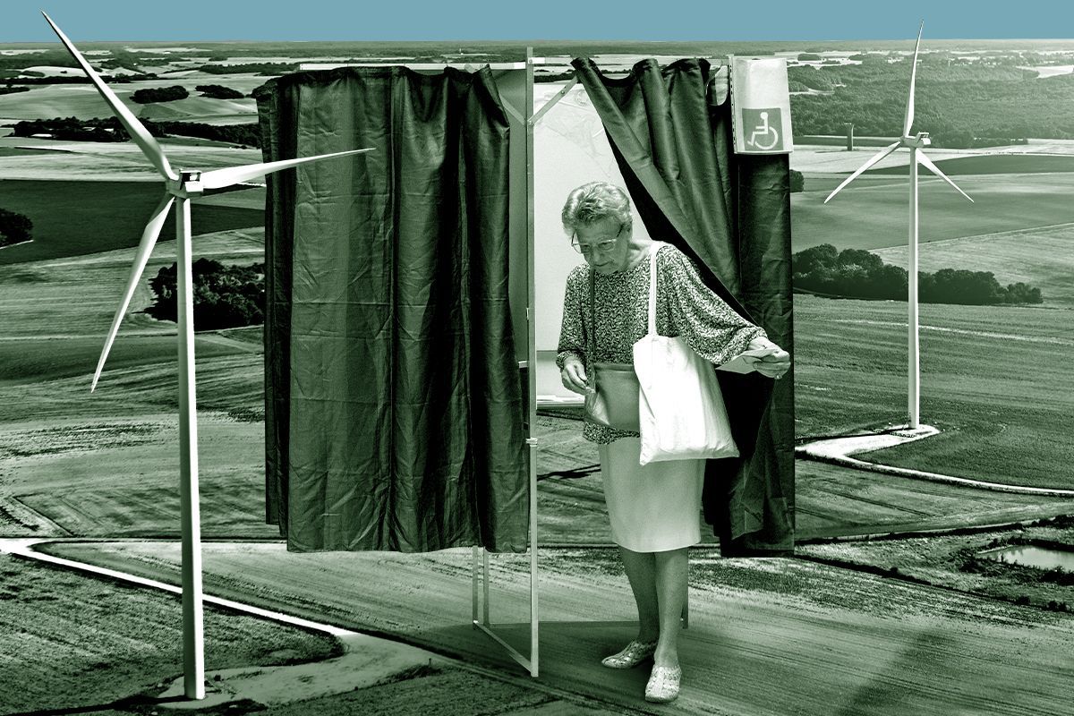 A voter and wind turbines.