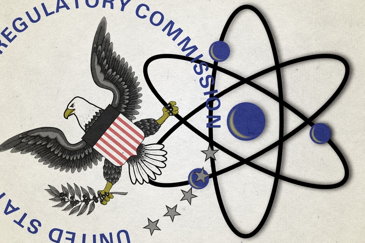 A bald eagle gripping an atom.