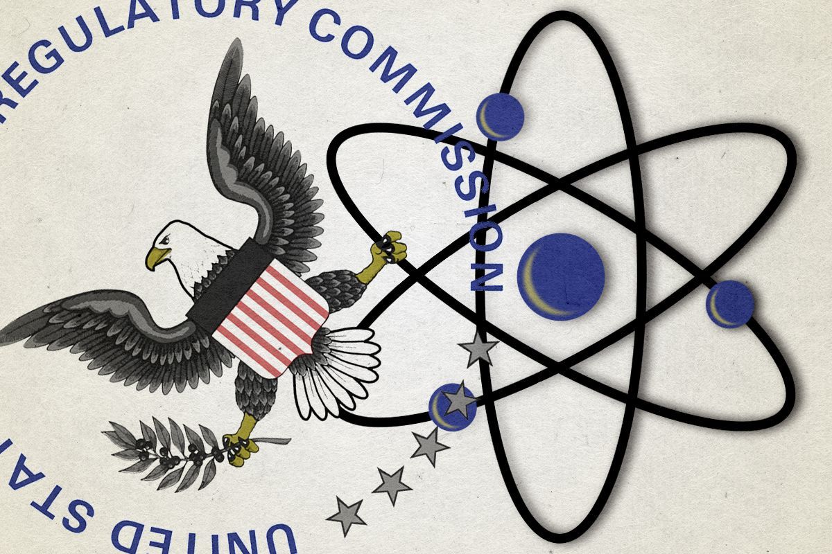 A bald eagle gripping an atom.