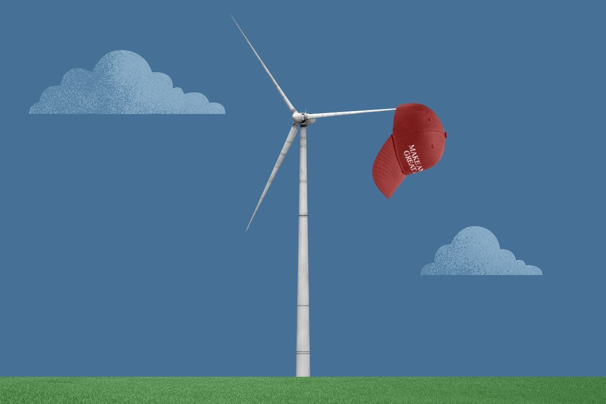 A MAGA hat hanging on a windmill.