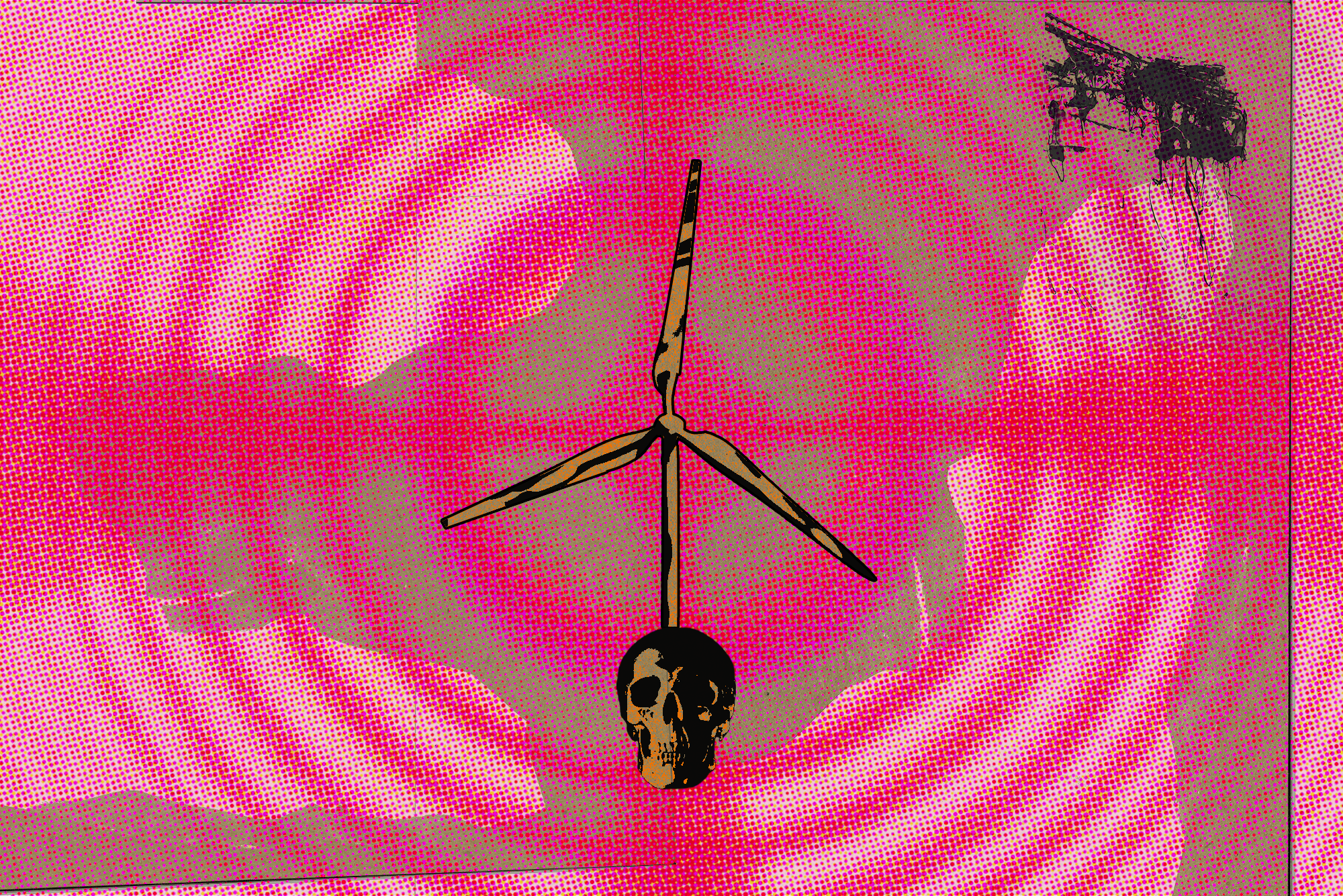 A wind turbine coming out of a skull.