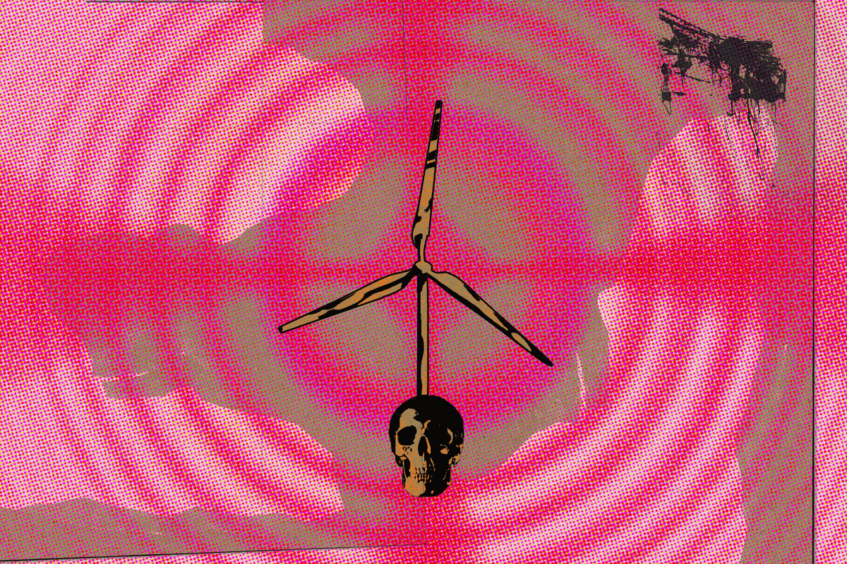 A wind turbine coming out of a skull.