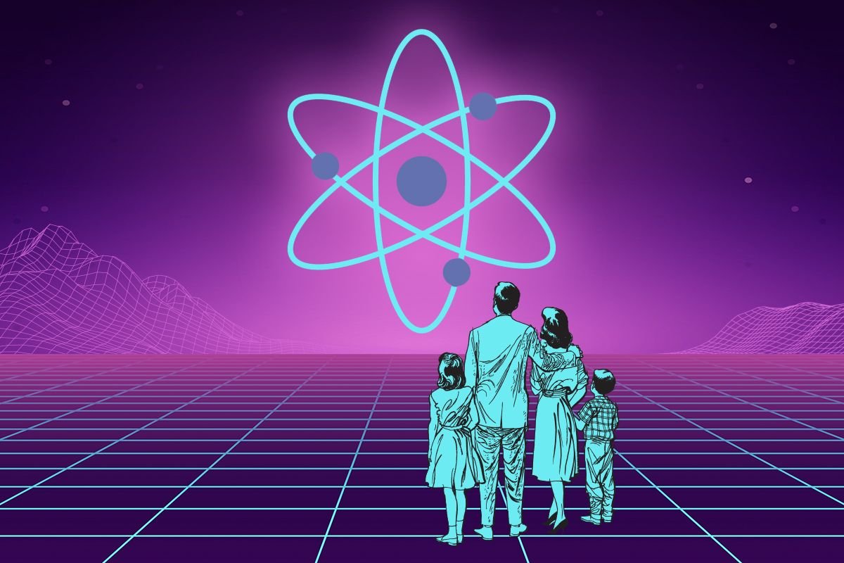 A family in a sci-fi landscape.