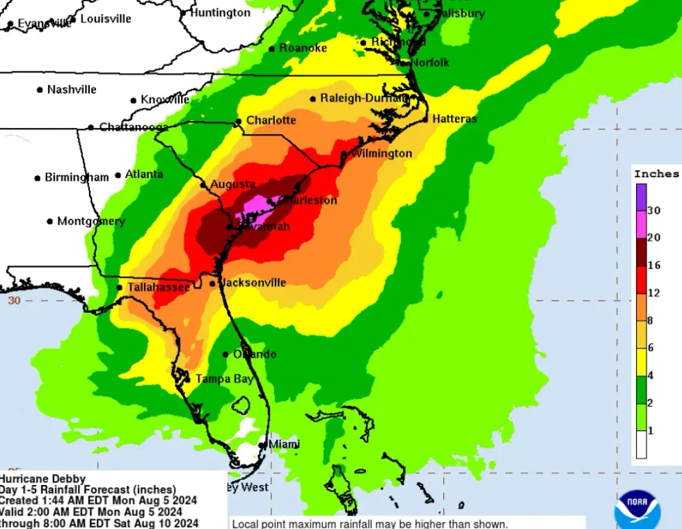 The rainfall forecast for Hurricane Debby.