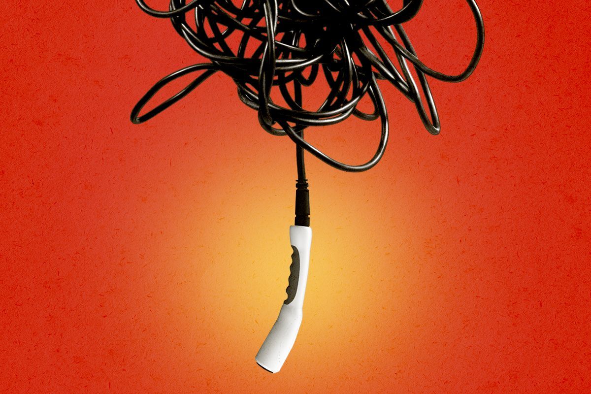 A tangled EV charger.