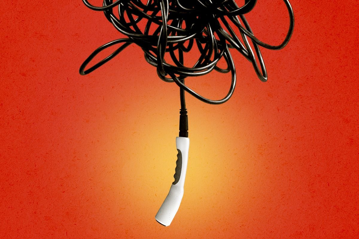 A tangled EV charger.