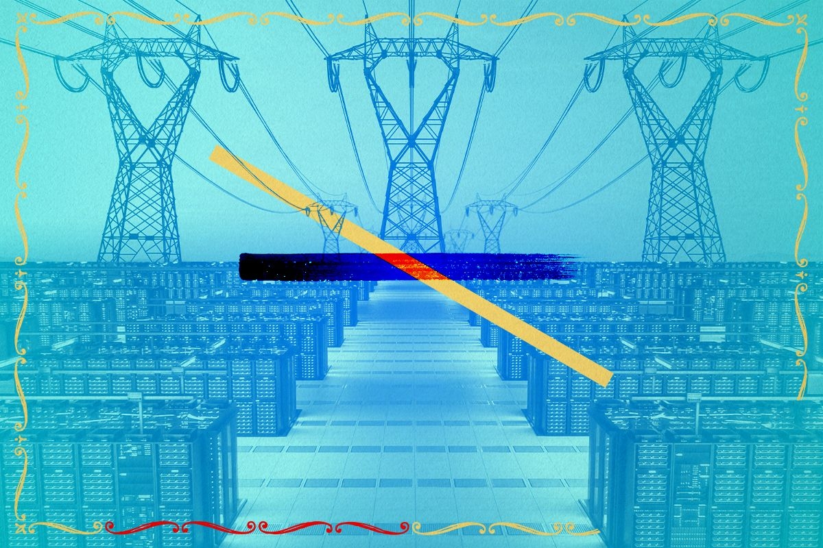 Power lines and a data center.