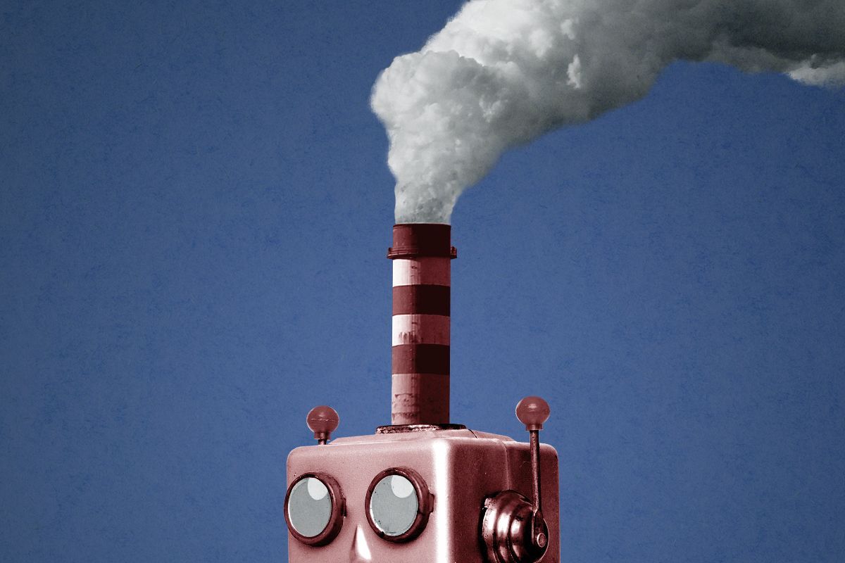A robot with a smokestack coming out of its head.