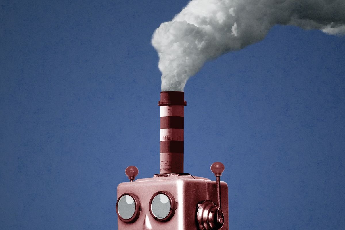 A robot with a smokestack coming out of its head.