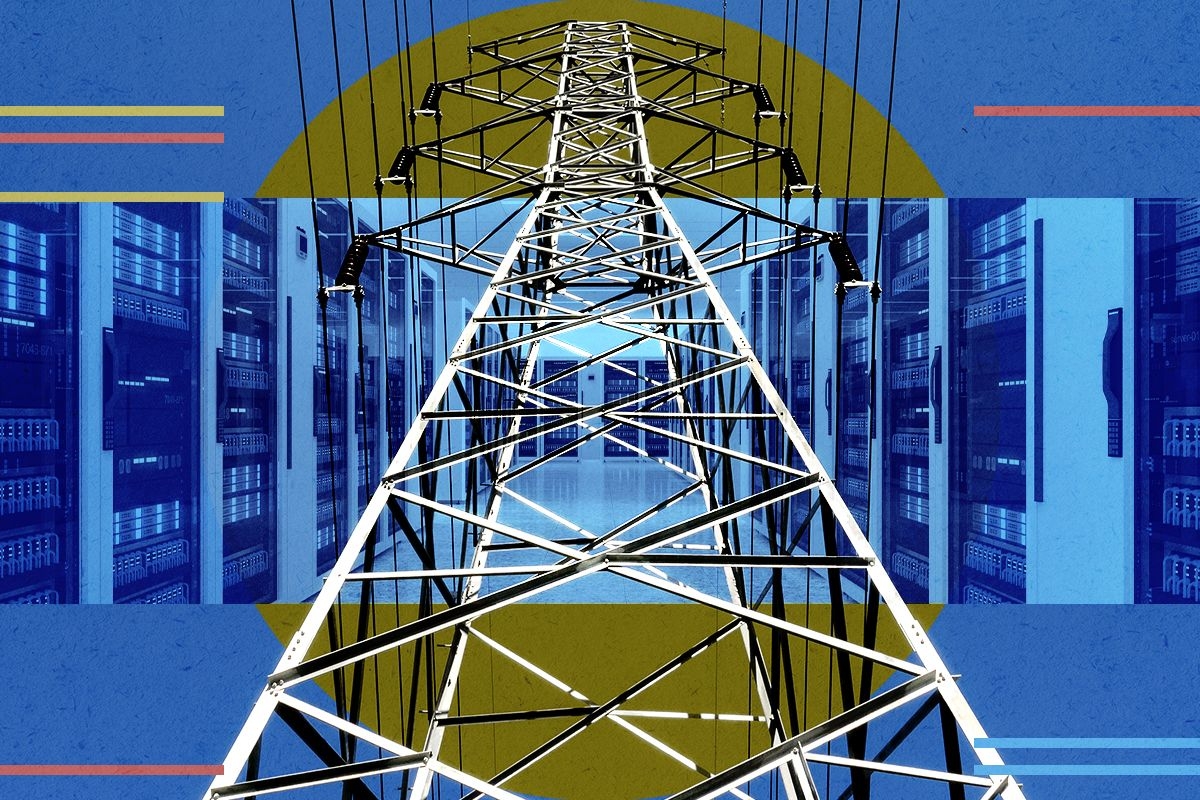 Power lines and a data center.