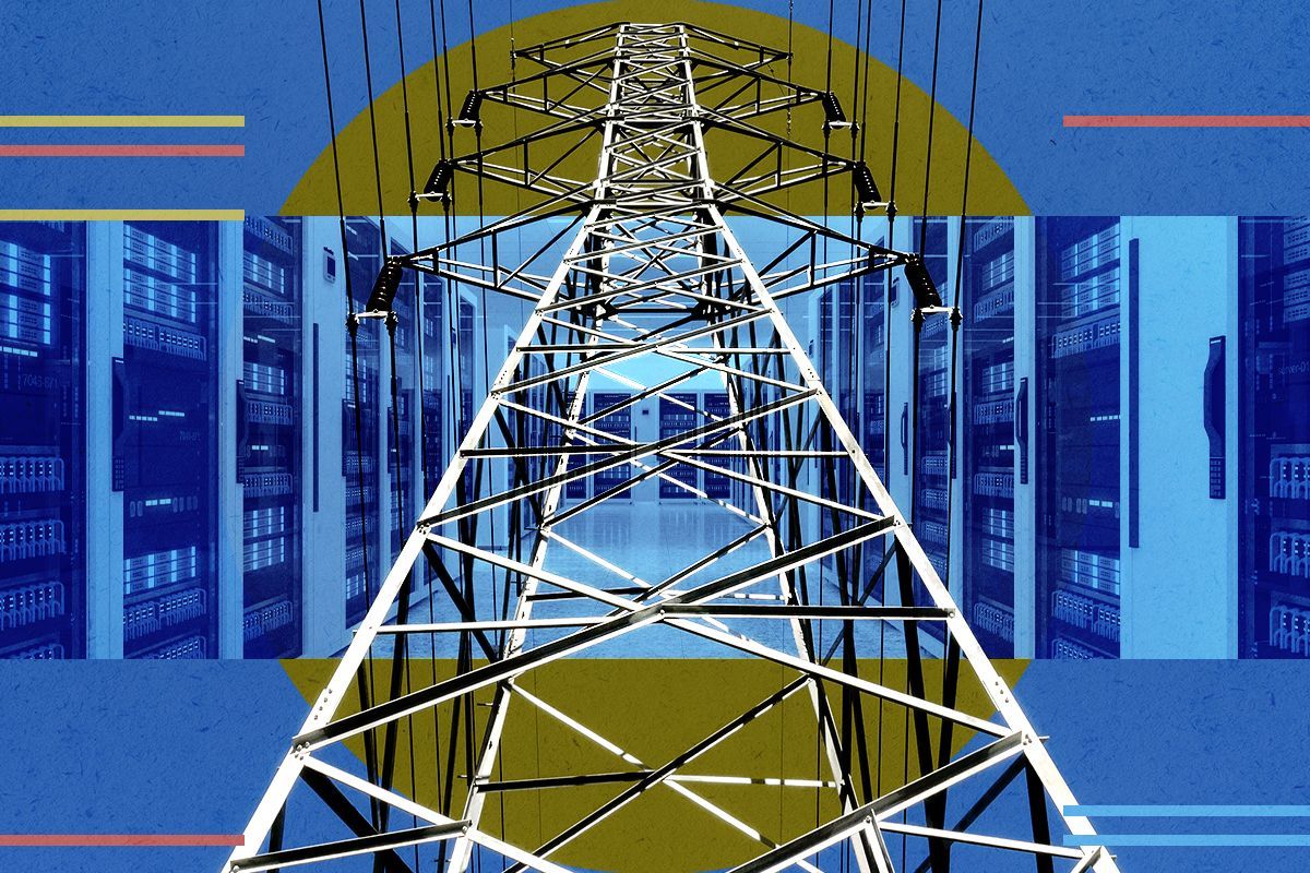 Power lines and a data center.