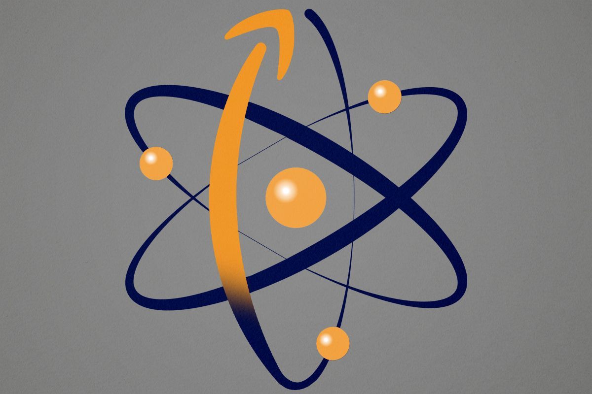 The Amazon logo in an atom.