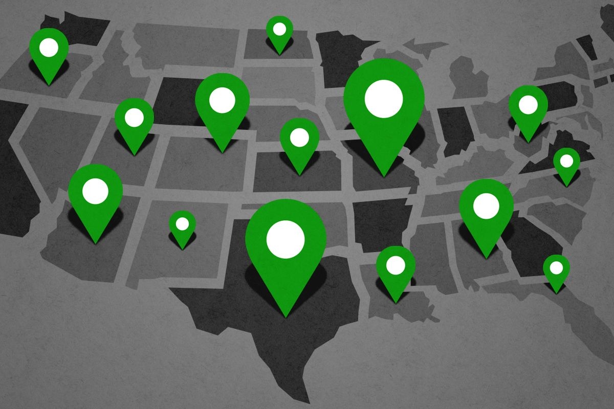 Location pins in America.