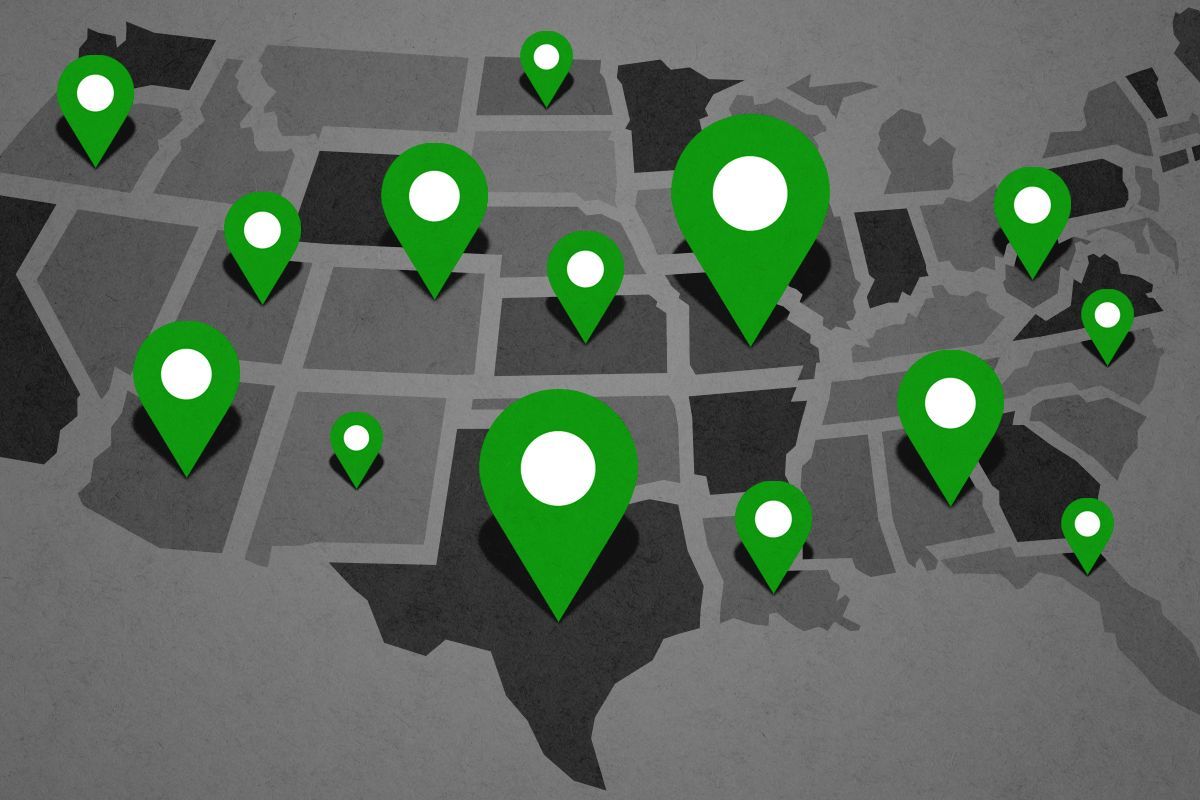 Location pins in America.