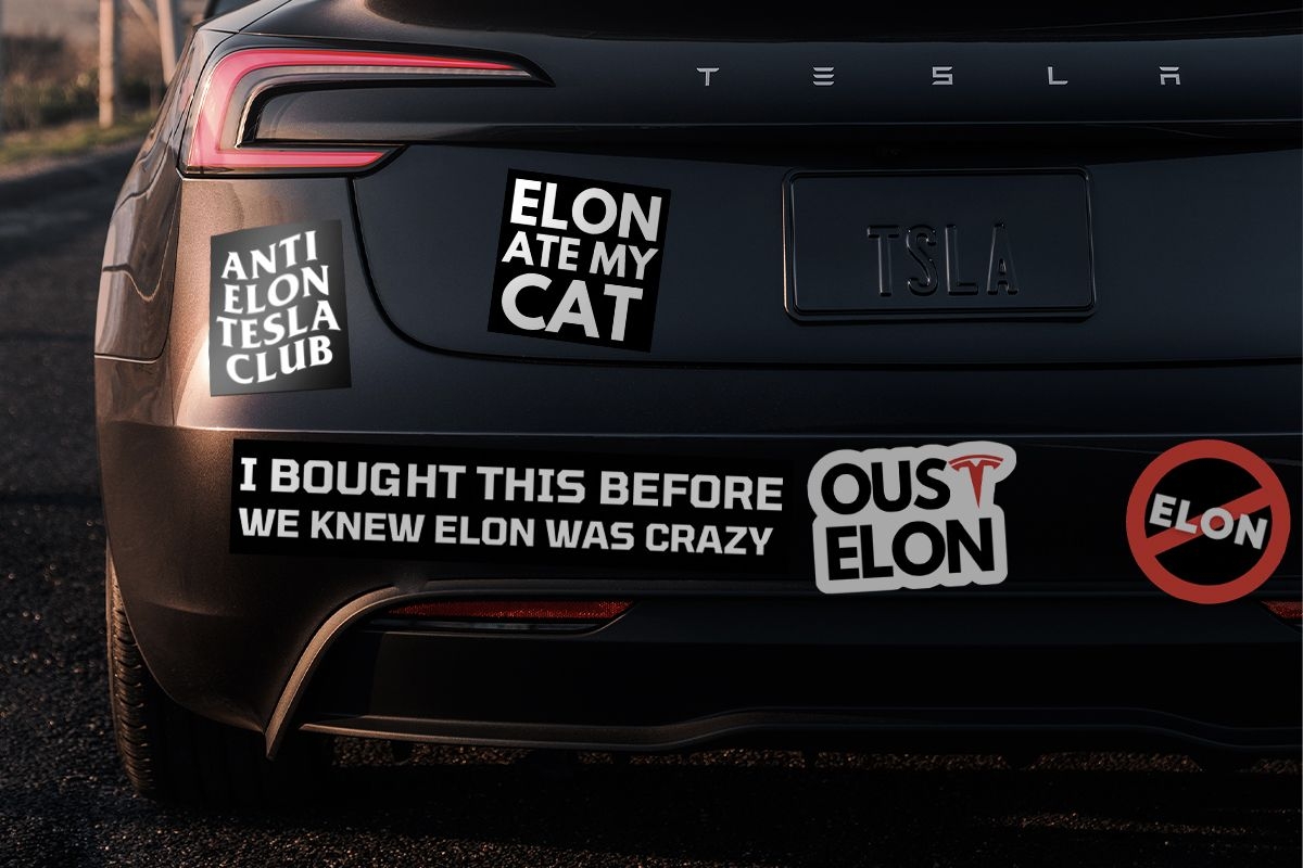 A Tesla with anti-Musk bumper stickers.