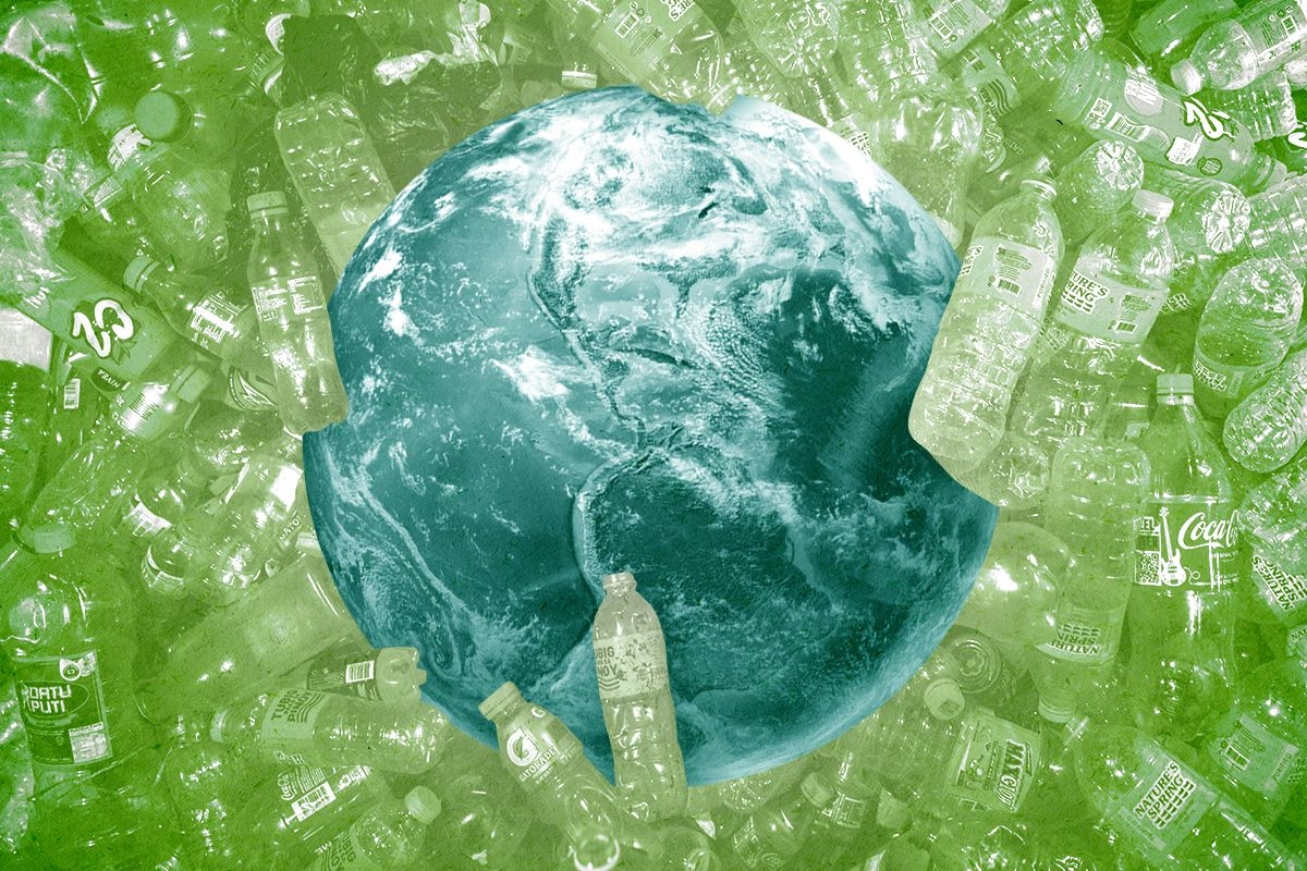 Earth and plastic bottles.