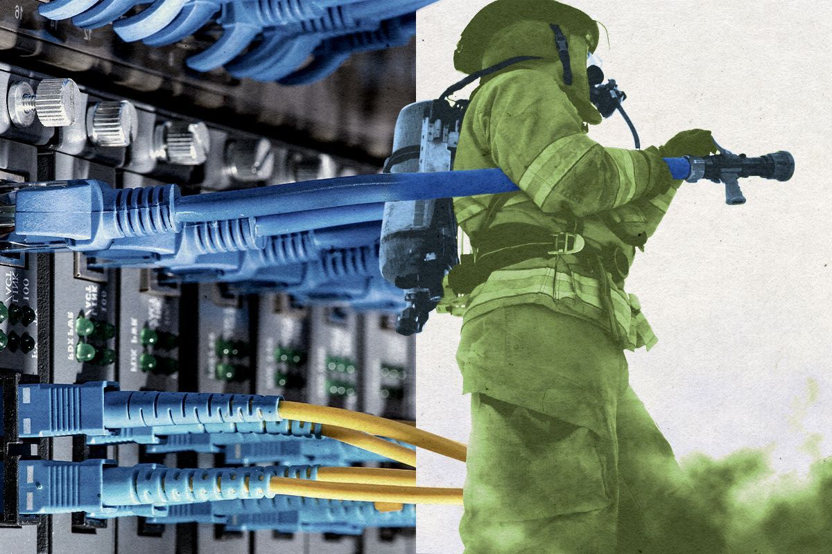 A firefighter and computer cords.