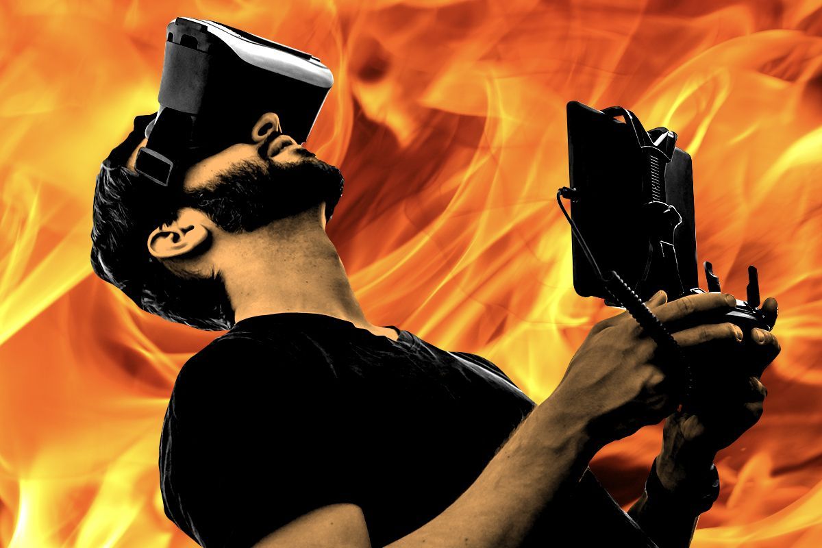 A drone operator and flames.