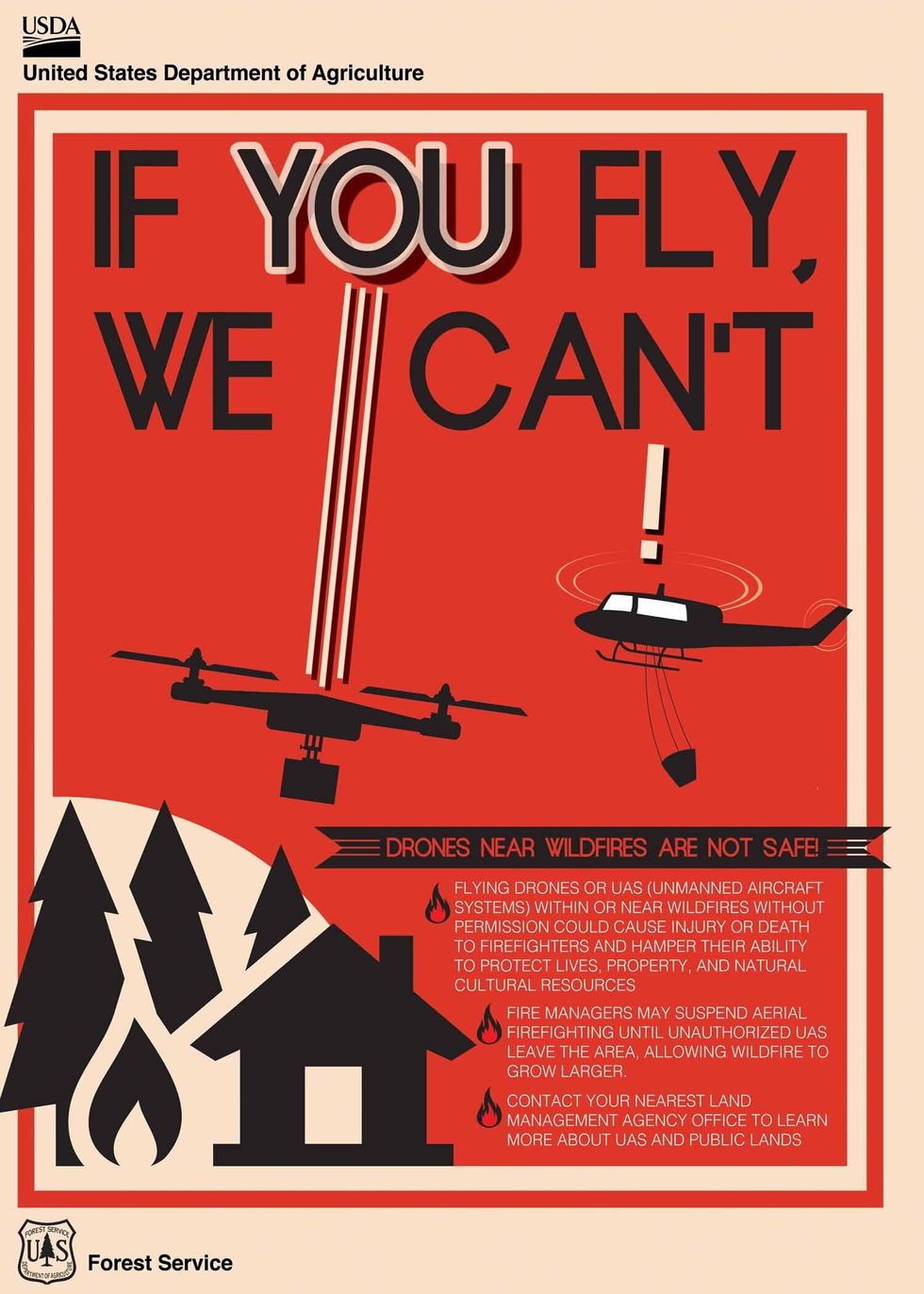 U.S. Forest Service poster saying \u201cIf you fly, we can\u2019t!\u201d