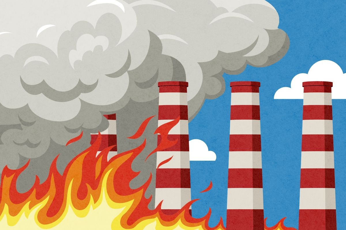 Fires and smokestacks.