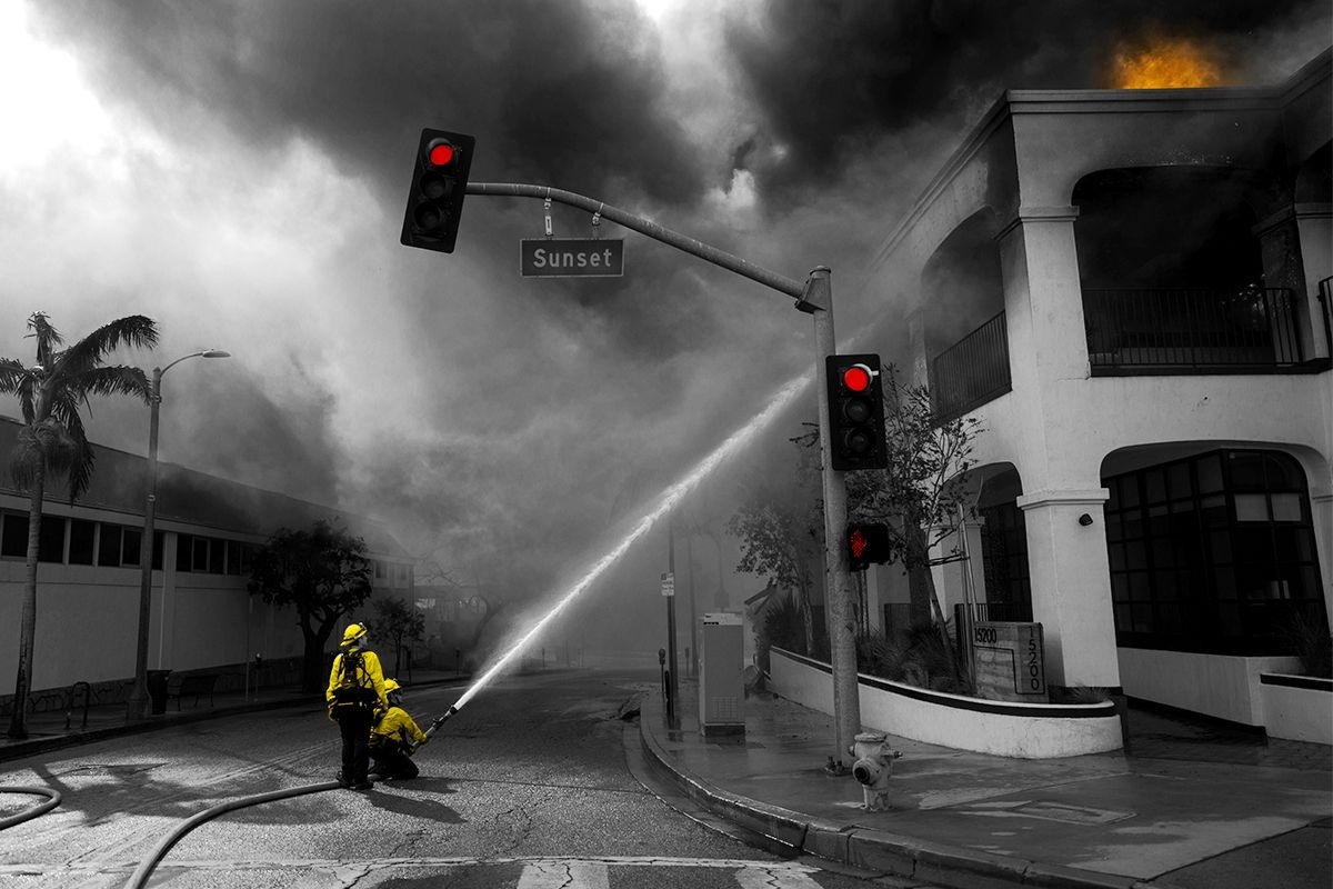 Firefighters on Sunset Boulevard.