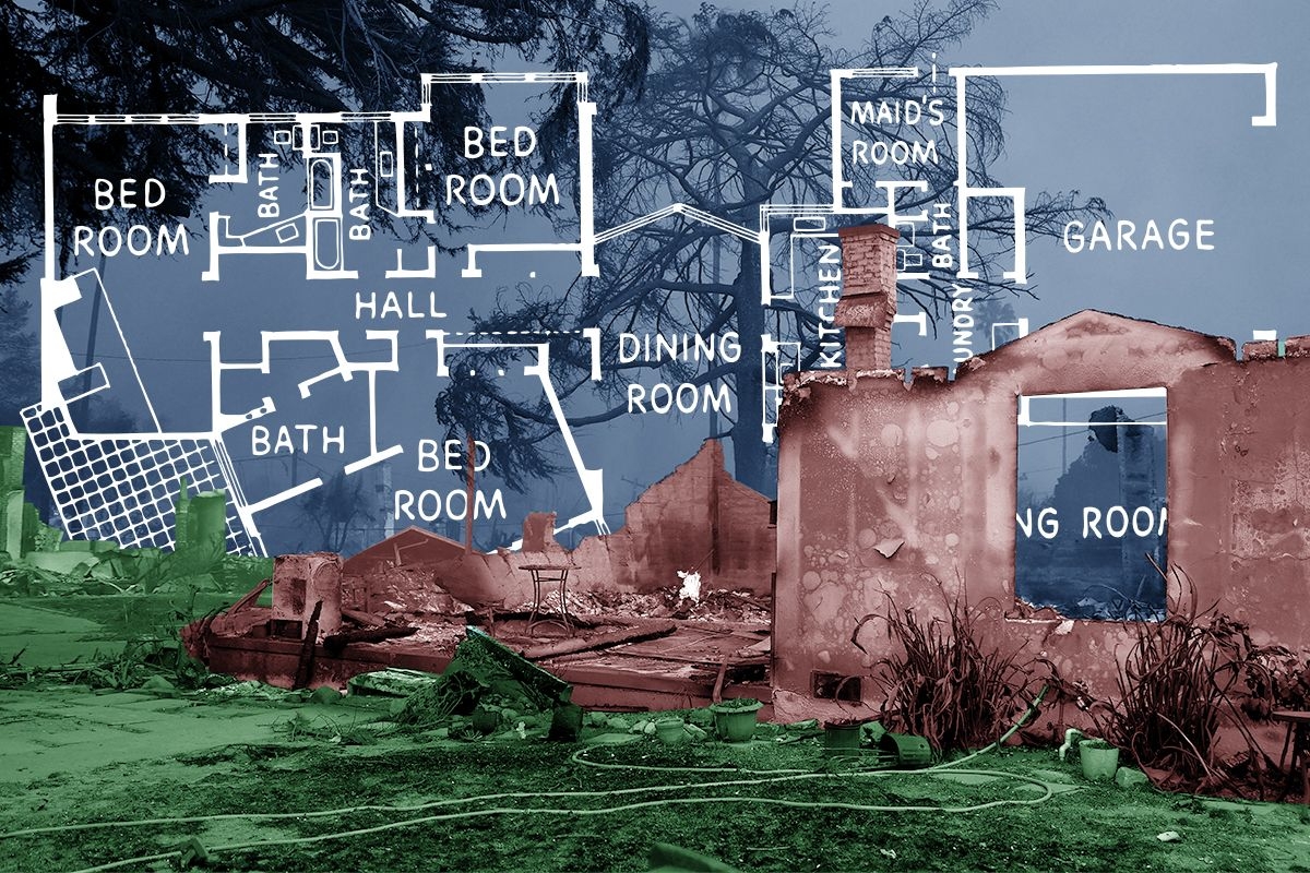 A destroyed house and a blueprint.