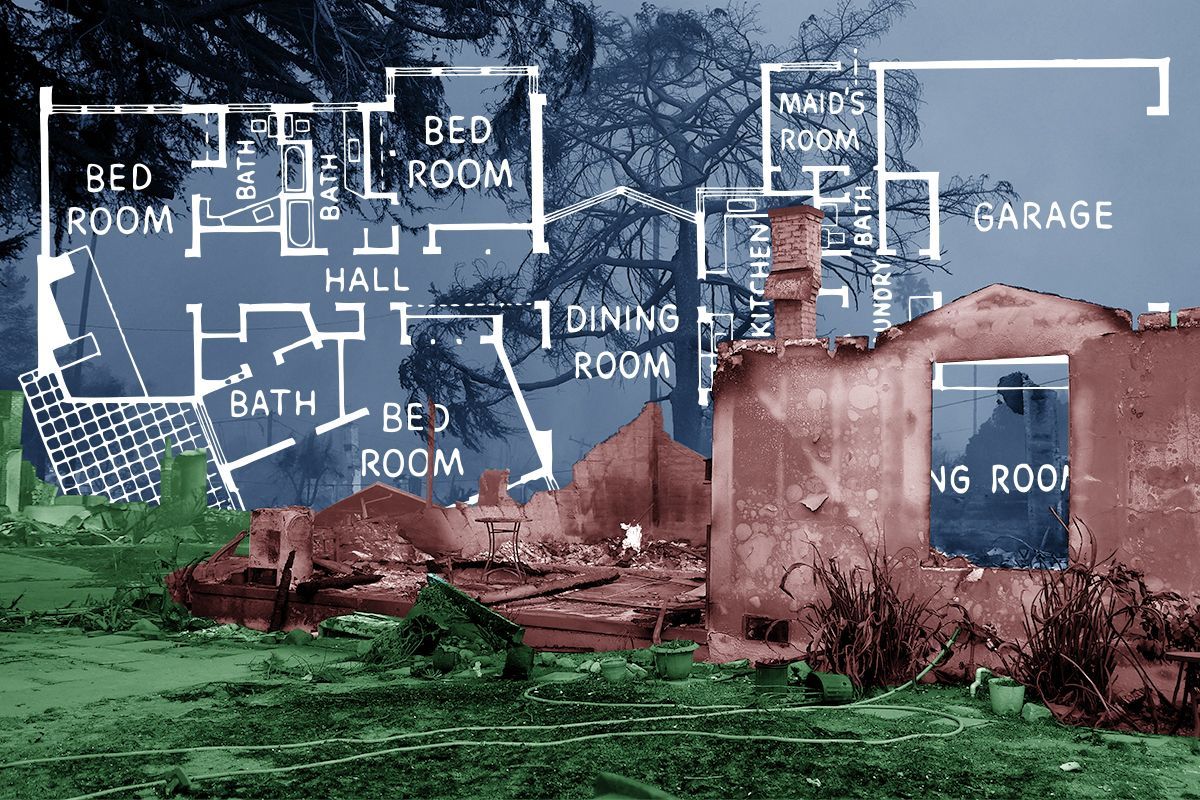 A destroyed house and a blueprint.