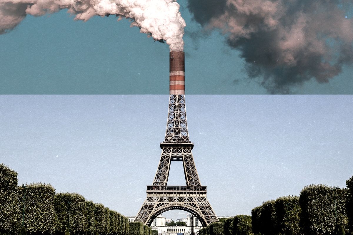 The Eiffel Tower and a smokestack.