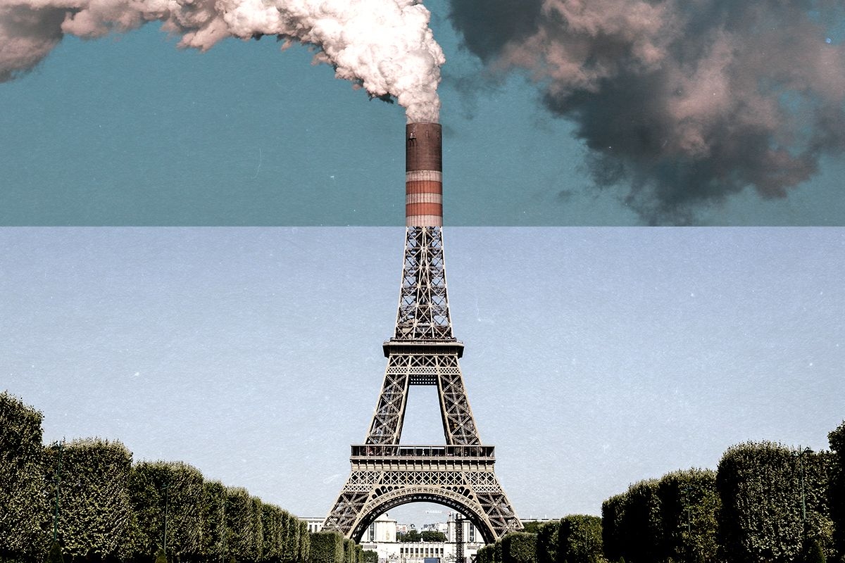 The Eiffel Tower and a smokestack.