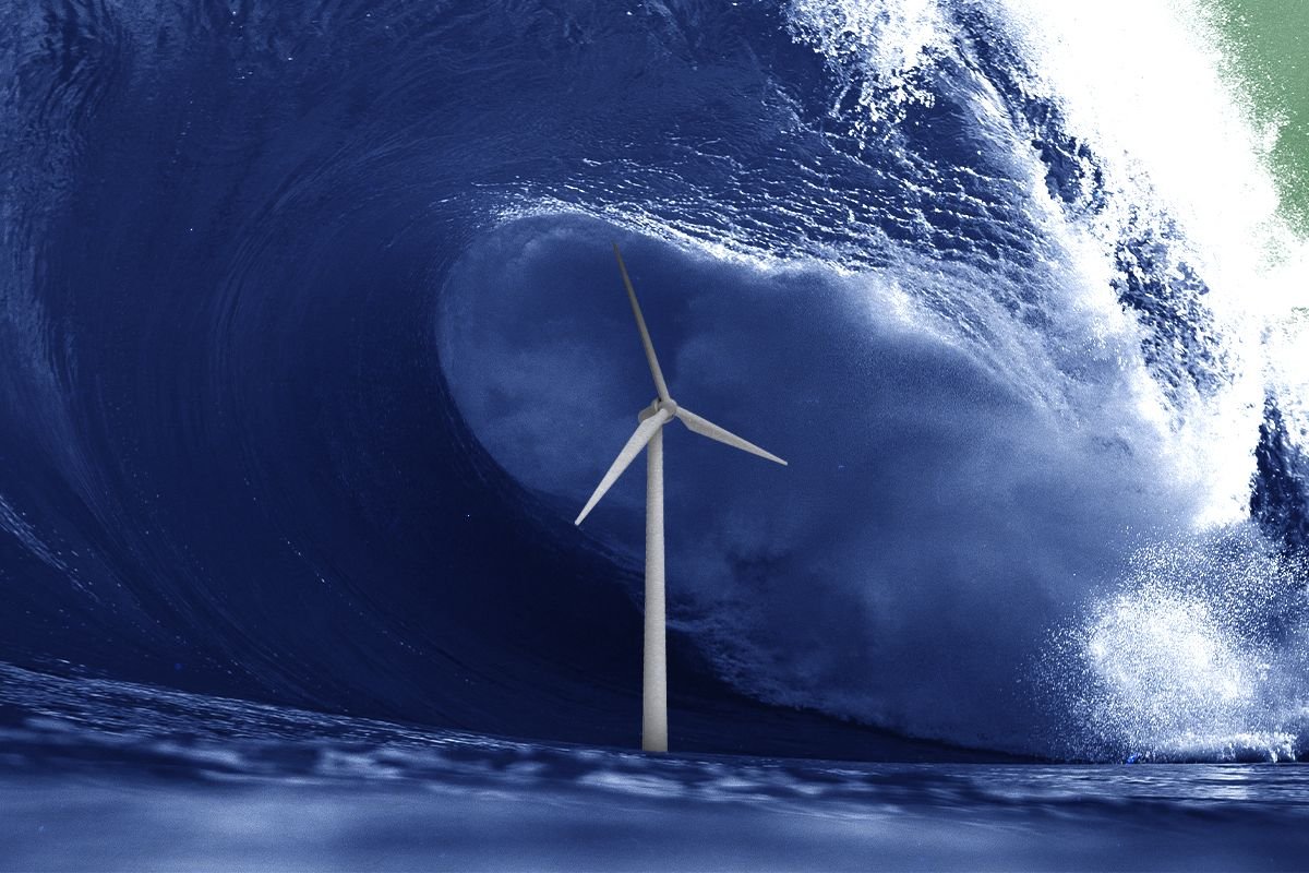 A wind turbine and a huge wave.