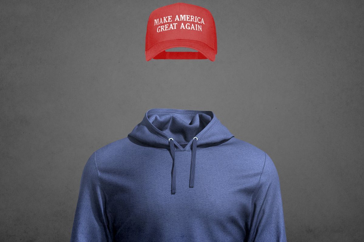 A hoodie and a MAGA hat.