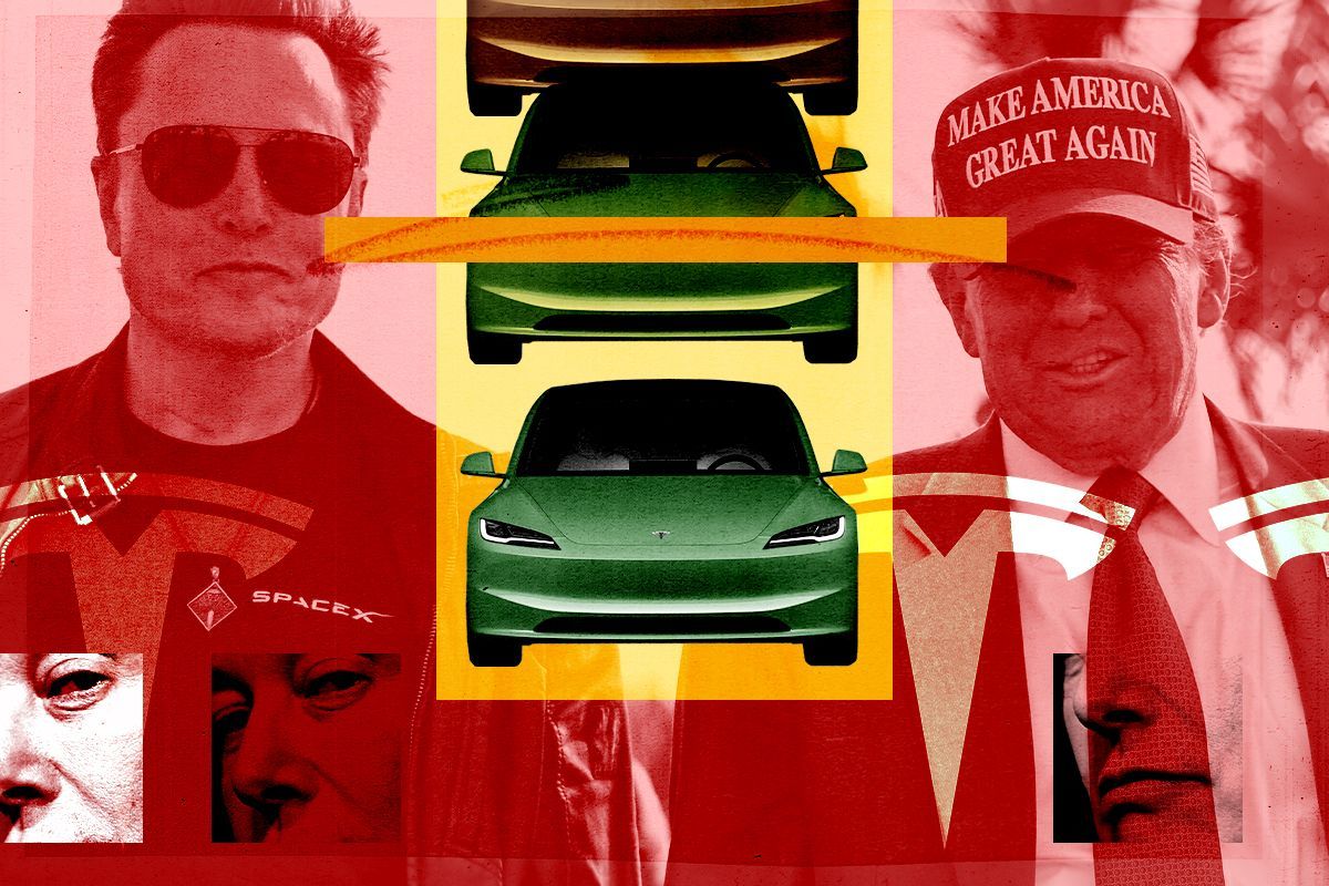 Elon Musk, Donald Trump, and a Tesla.
